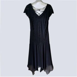 Vintage Great Gatsby Roaring 20’s Black Beaded Dress Size 12 Art Deco Jazz Age